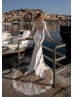 Long Sleeves Beaded Ivory Lace Satin Sheer Back Wedding Dress